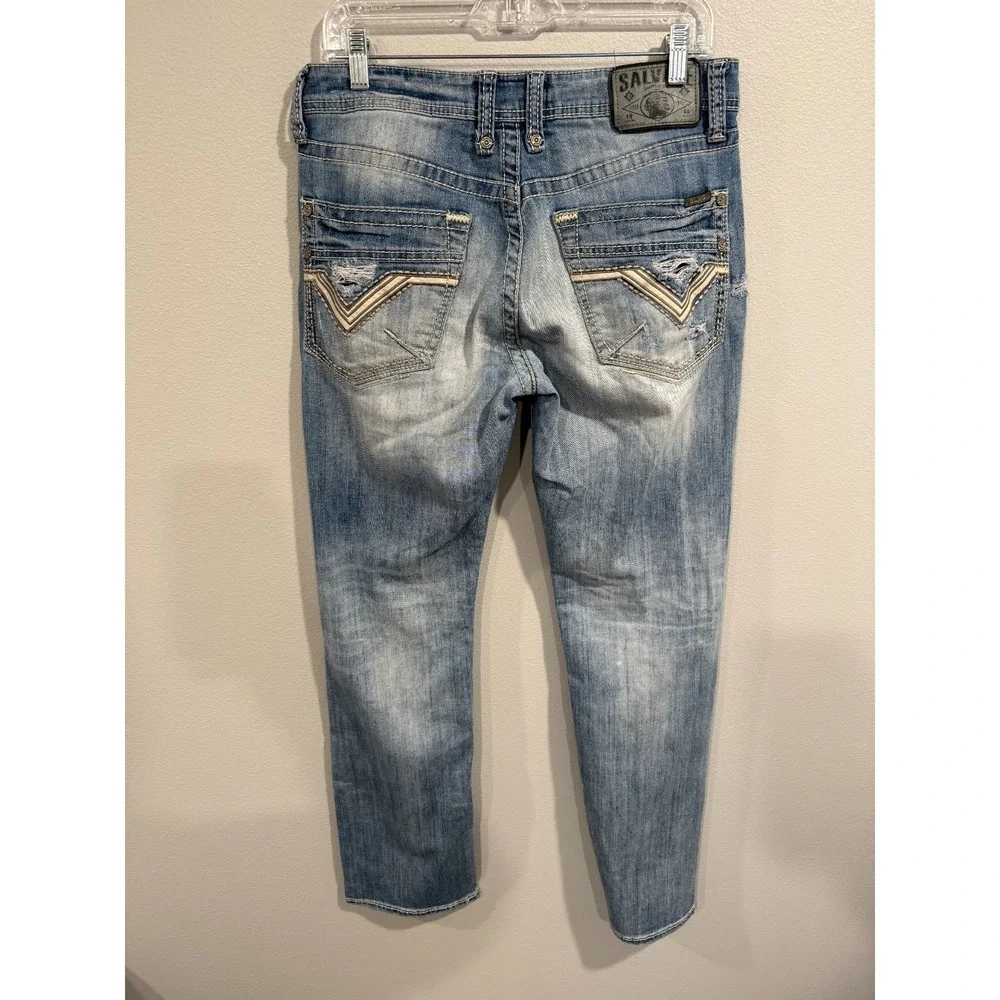 Salvage Mayhem Straight Jeans Men's 31L Blue Denim Stretch Distressed 5‎ Pocket